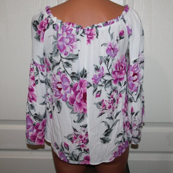 LN! Pretty Feminine Pink Floral OTS Crinkled Flare Sleeve BOHO Peasant Blouse - Picture 6 of 10